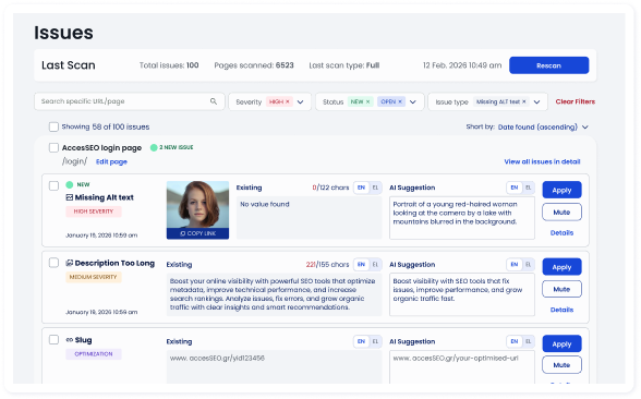 List of accessibility and SEO issues with severity labels and AI suggestions to fix them. List of accessibility and SEO issues with severity labels and AI suggestions to fix them.