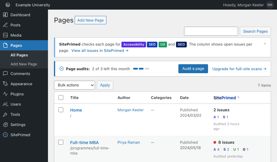 SitePrimed-wordpress-plugin SitePrimed's column in the WordPress Pages list — each page shows its open issues by lens, with a page-audit meter and an Audit a page action.